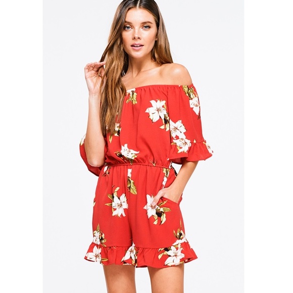 NWT Red Floral Off-the-Shoulder Romper - Picture 5 of 8